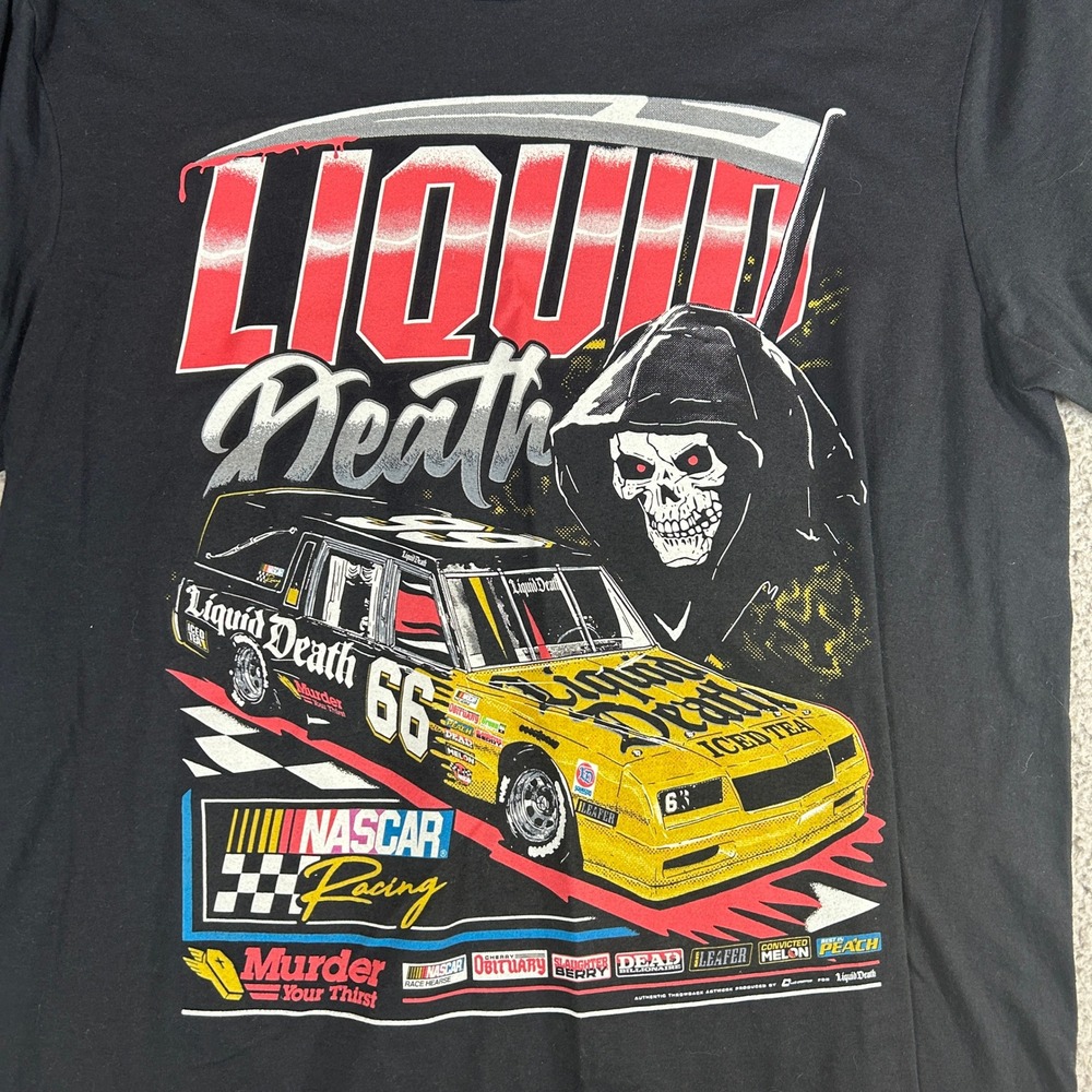 Liquid Death NASCAR Racing Graphic T Shirt Black Large Short Sleeve Men's - Picture 2 of 7